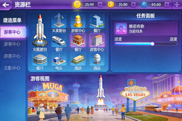 维加斯火箭游戏主界面截图，标注了资源栏、建造菜单、任务面板和游客视图四个主要区域