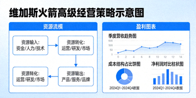 维加斯火箭高级经营策略示意图，展示资源流与盈利图表