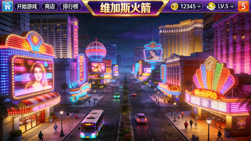 维加斯火箭游戏主界面截图，展示繁华的拉斯维加斯风格虚拟城镇与各类娱乐建筑
