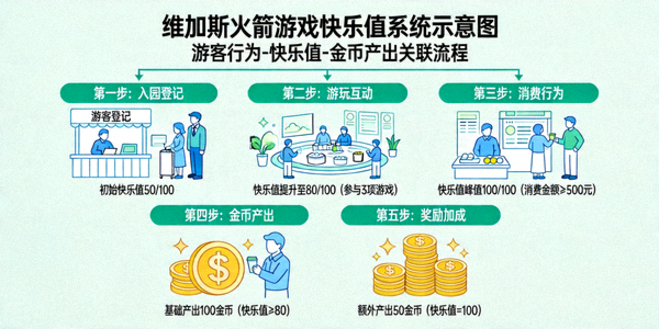 维加斯火箭游戏快乐值系统示意图 - 展示游客从入园到消费，快乐值如何影响金币产出的流程