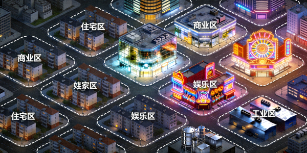 维加斯火箭游戏城市布局规划示例 - 展示建筑分区摆放