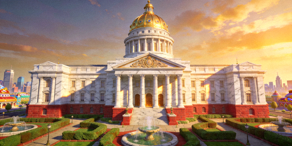 维加斯火箭游戏中的市政厅建筑外观 - 一个古典风格的政府大楼