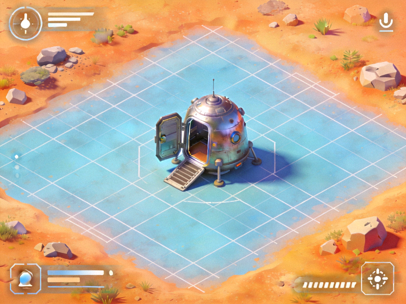 维加斯火箭游戏新手起始区域截图 - 显示一个着陆舱和周围的可建造空地